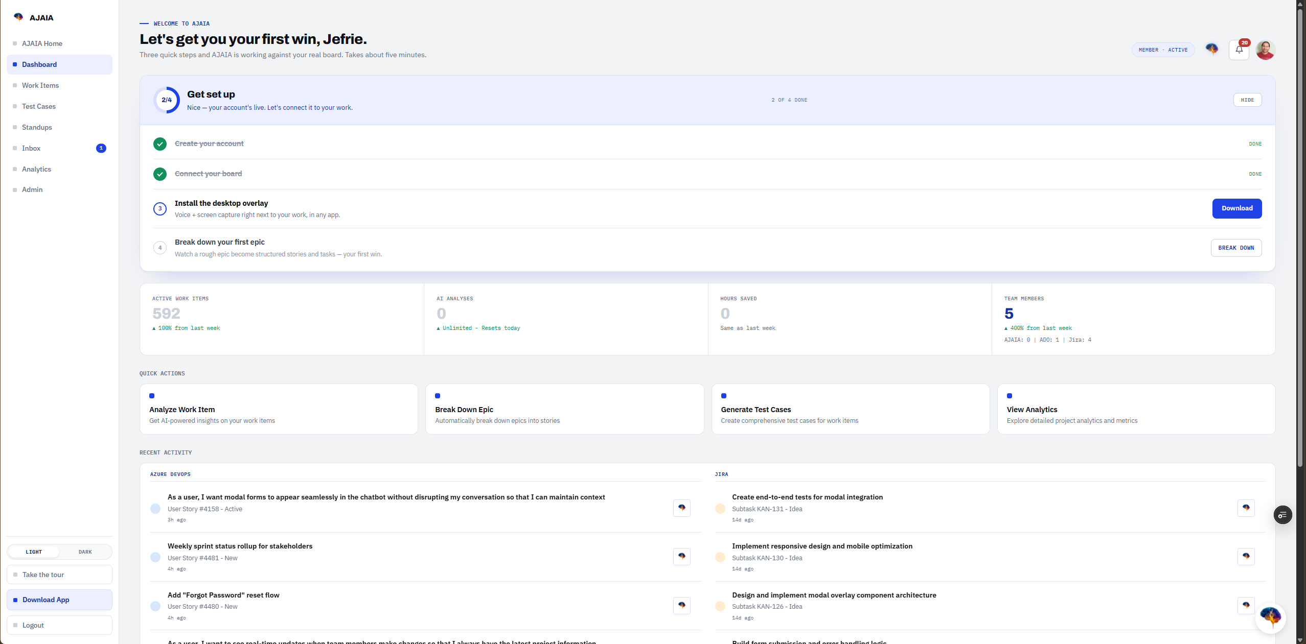 AJAIA dashboard: onboarding checklist, work-item stats, quick actions, and recent Azure DevOps and Jira activity