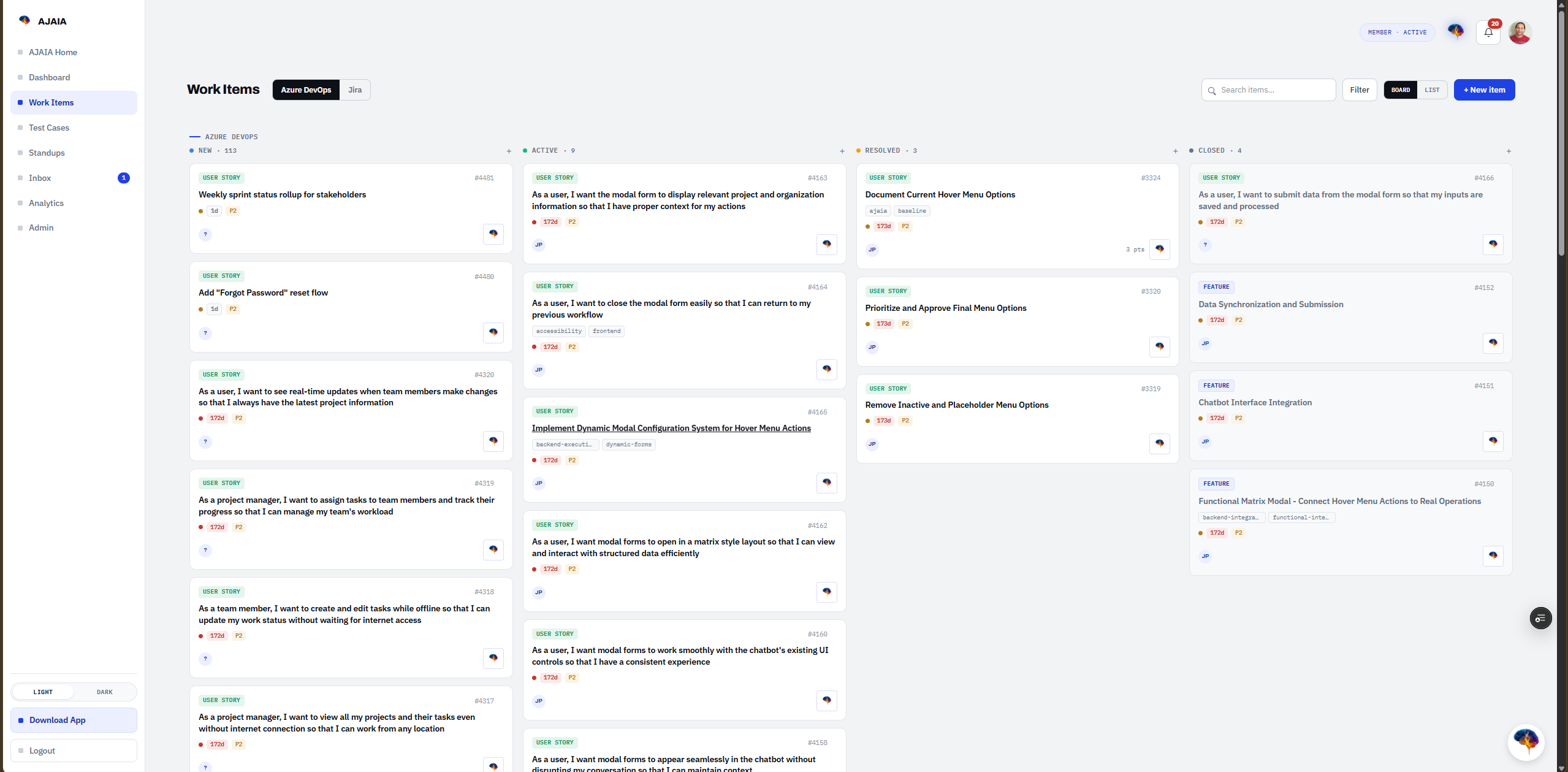AJAIA's unified work item board across Azure DevOps and Jira, with New, Active, Resolved, and Closed columns